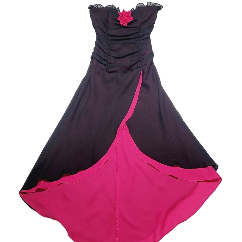 Vintage Zum Zum MCR Black Pink Chiffon Ruffle Sweetheart Neckline Hi-low Dress 6 - Picture 2 of 11